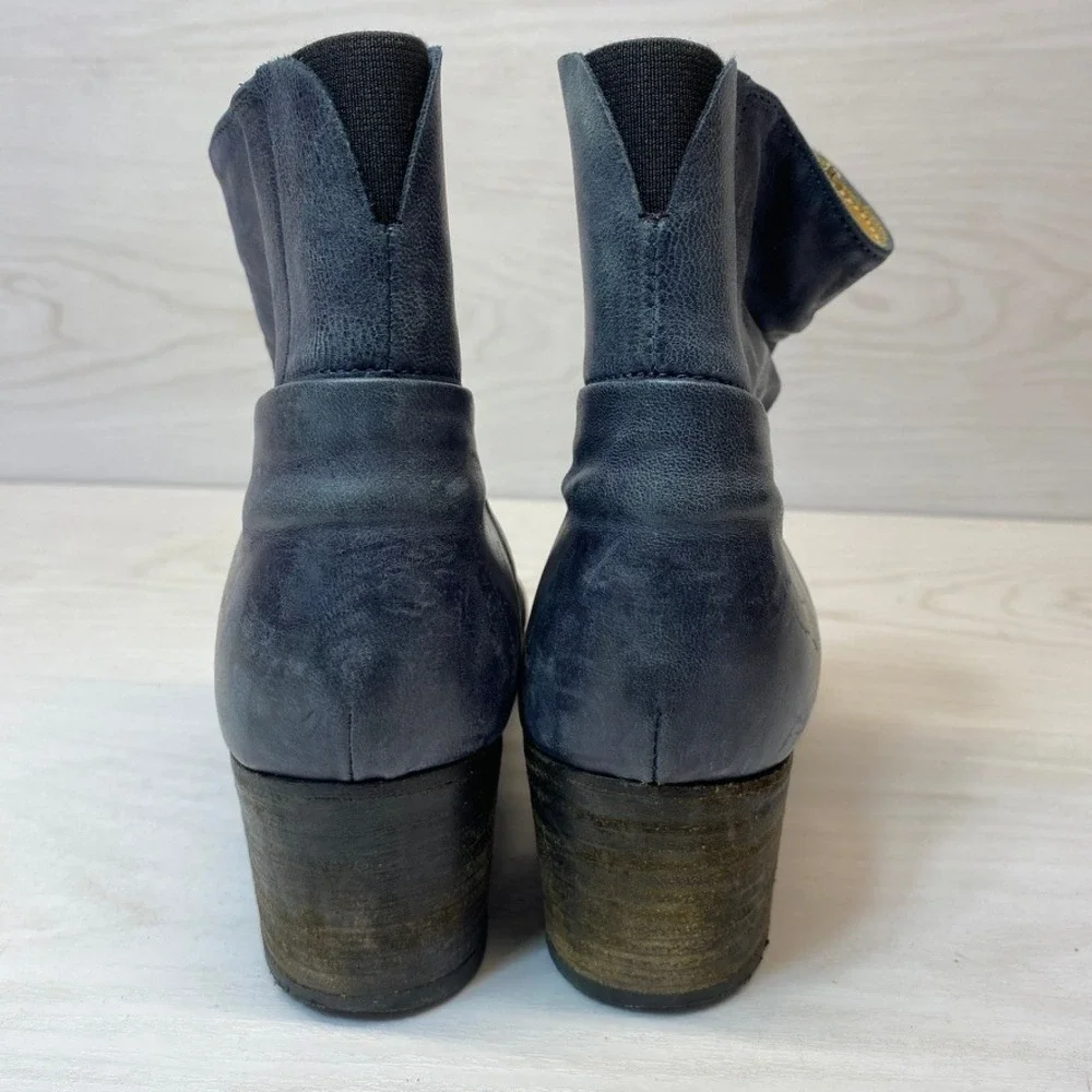 Gidigio Womens 37.5 Ankle Boots Slouchy Navy Blue Leather Italian Block Heel Zip